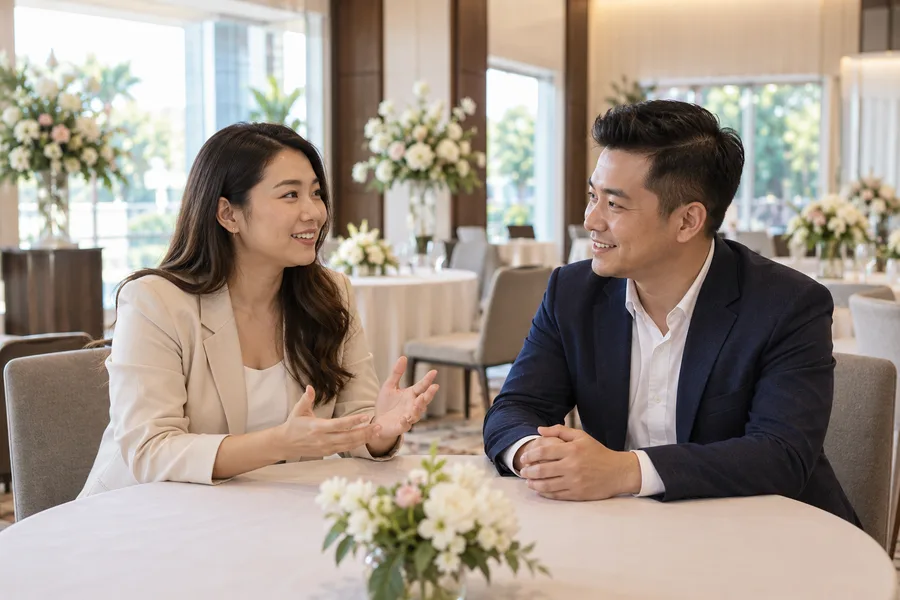 Planning conversation at a conference venue