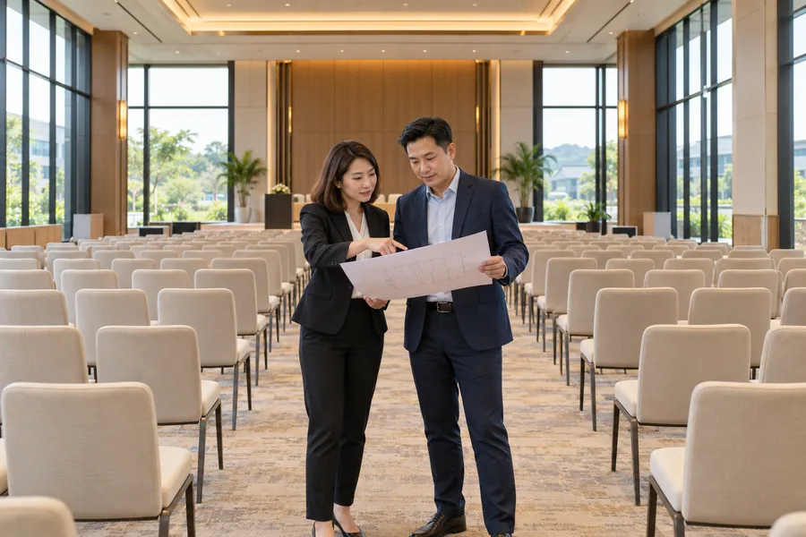 Event coordinators reviewing a conference seating plan