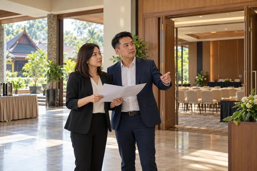 Event coordinators checking a conference room and arrival area