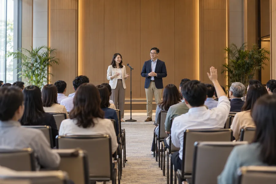 Employees taking part in a corporate town hall discussion