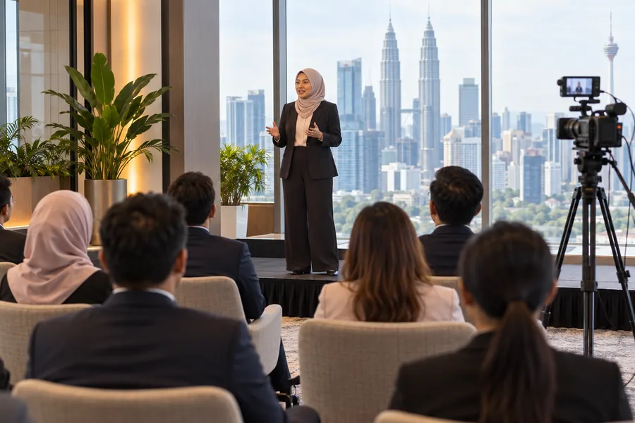 Penceramah, hadirin dan kamera video di persidangan hibrid