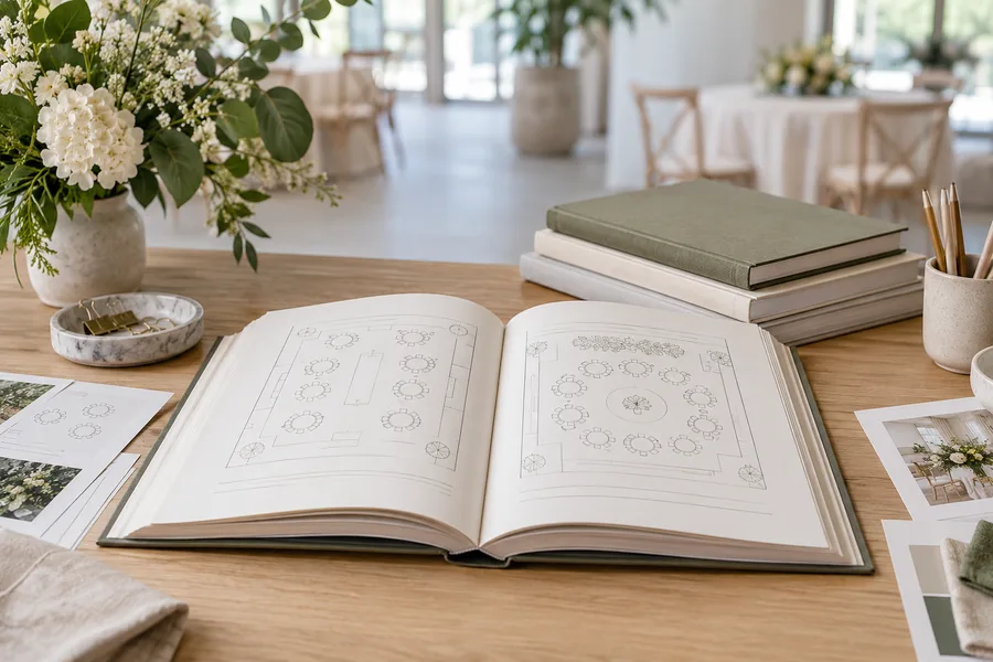 Event planning resources on a worktable
