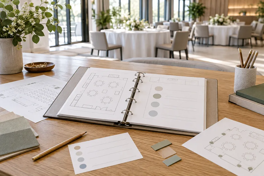Conference planning materials on a worktable