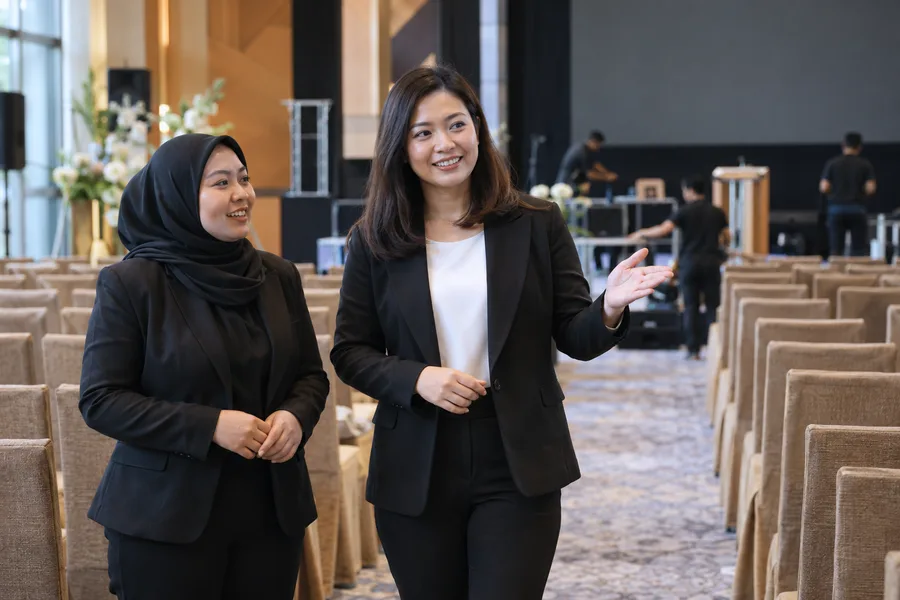 Event manager coordinating with colleagues at a venue