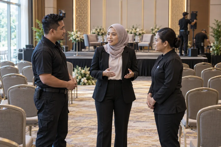 Pasukan acara menyediakan venue persidangan