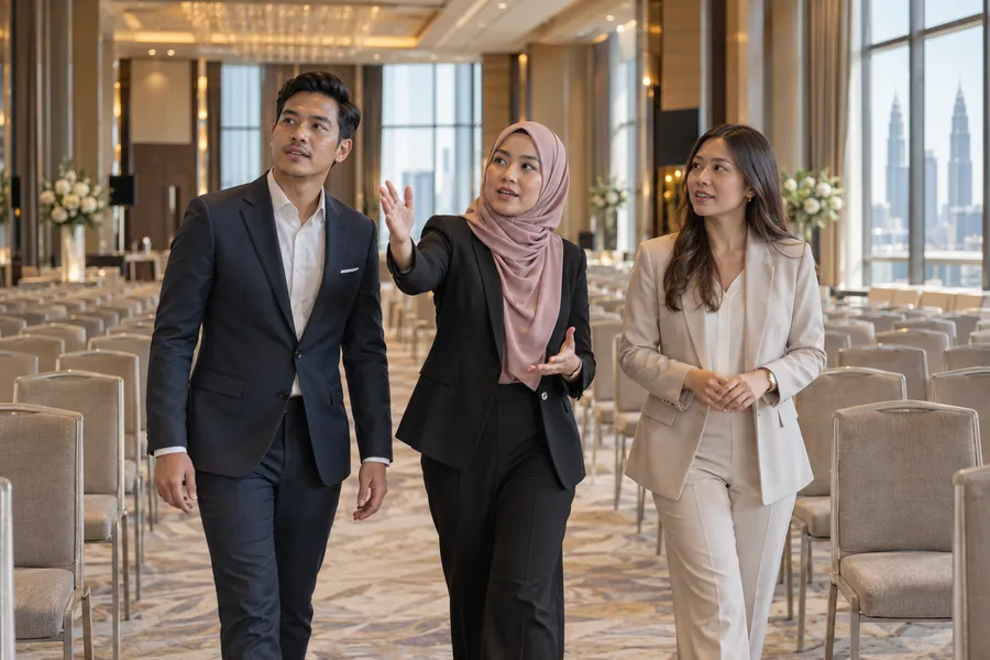 Pasukan acara menilai venue persidangan