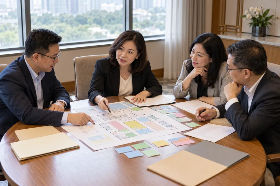 Conference committee members reviewing venue plans and planning materials