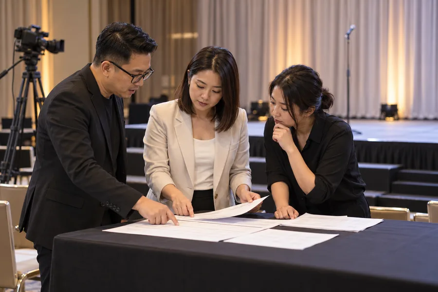 Communications team reviewing the event running order beside a stage