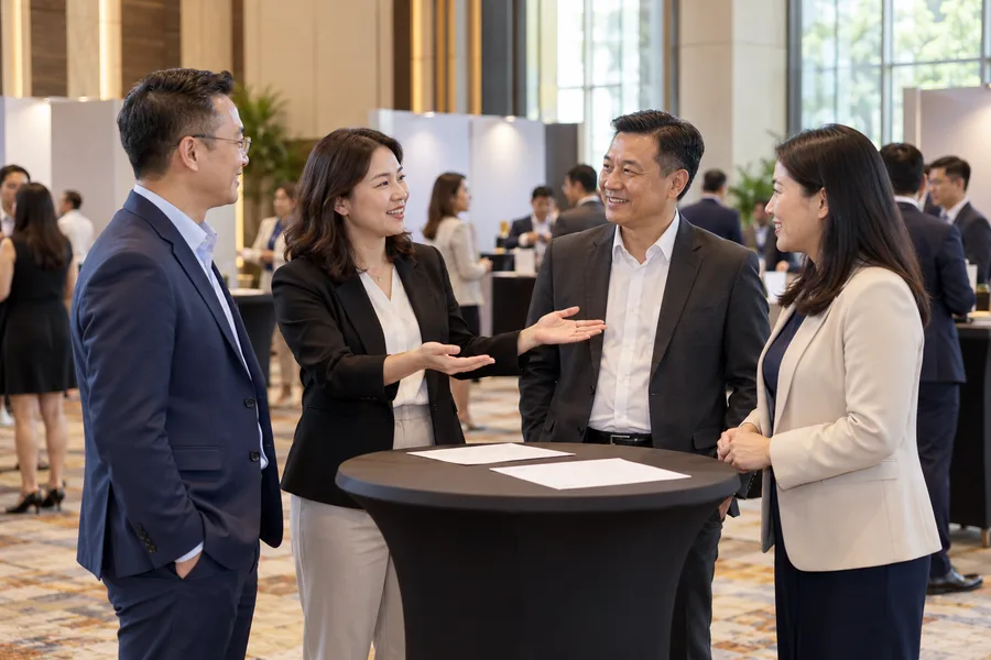 Business delegates exchanging ideas at an industry networking event