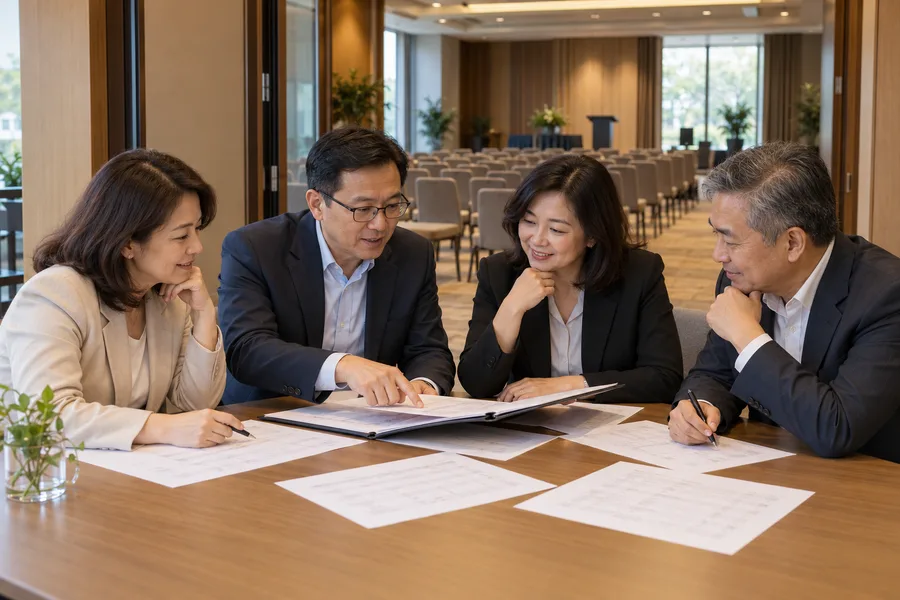 Committee members reviewing a programme before a professional event
